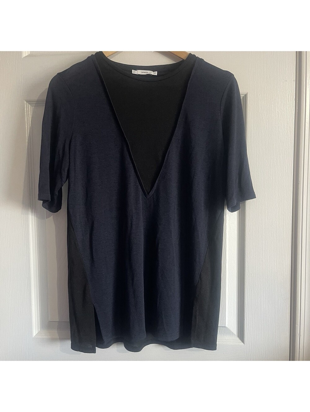 Vince Navy Blue Black Colorblock Layered Tee XS Side Vents Short Sleeve Top